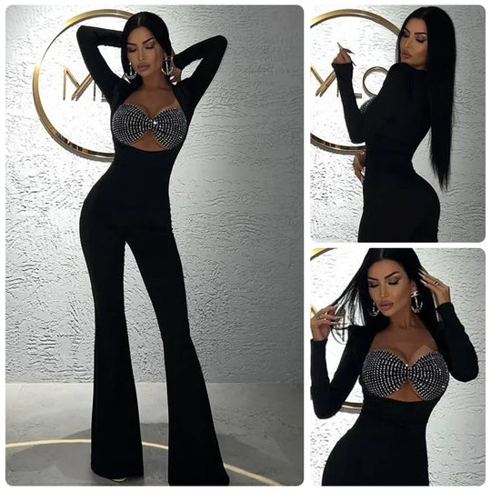 Damen Glamouröses Jumpsuit mit funkelnden Strassdetails und figurbetontem Schnitt R&B