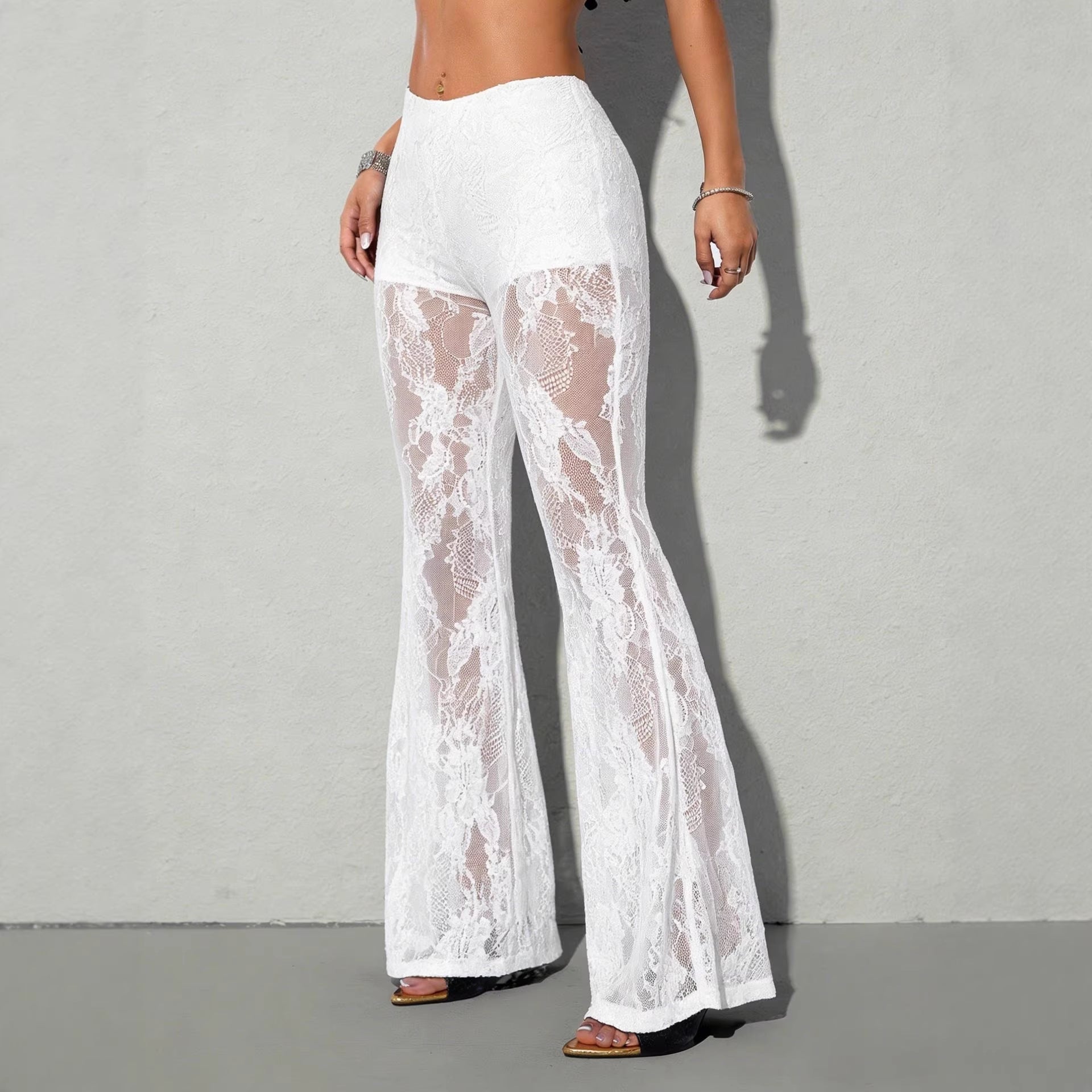 Damen nan hochgeschnittene Spitzen-Schlaghose mit blickdichter Innenshort und floralen Transparenzeinsätzen R&B