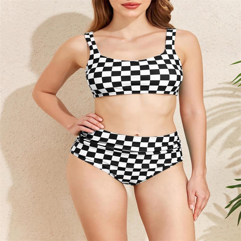 Damen Bikini-Set mit modischem Karomuster und hohem Taillenschnitt R&B