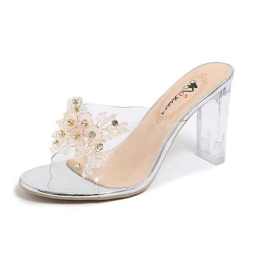 Damen elegante und durchsichtige Mules mit floralem Schmuckdetail R&B