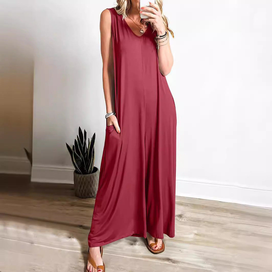 Damen ärmelloses Maxikleid mit seitlichen Taschen und fließender Silhouette R&B