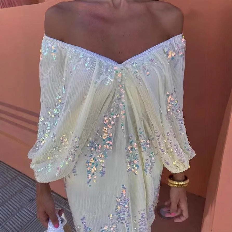 Damen Maxikleid mit voluminösen Puffärmeln und floralem Strassdesign R&B