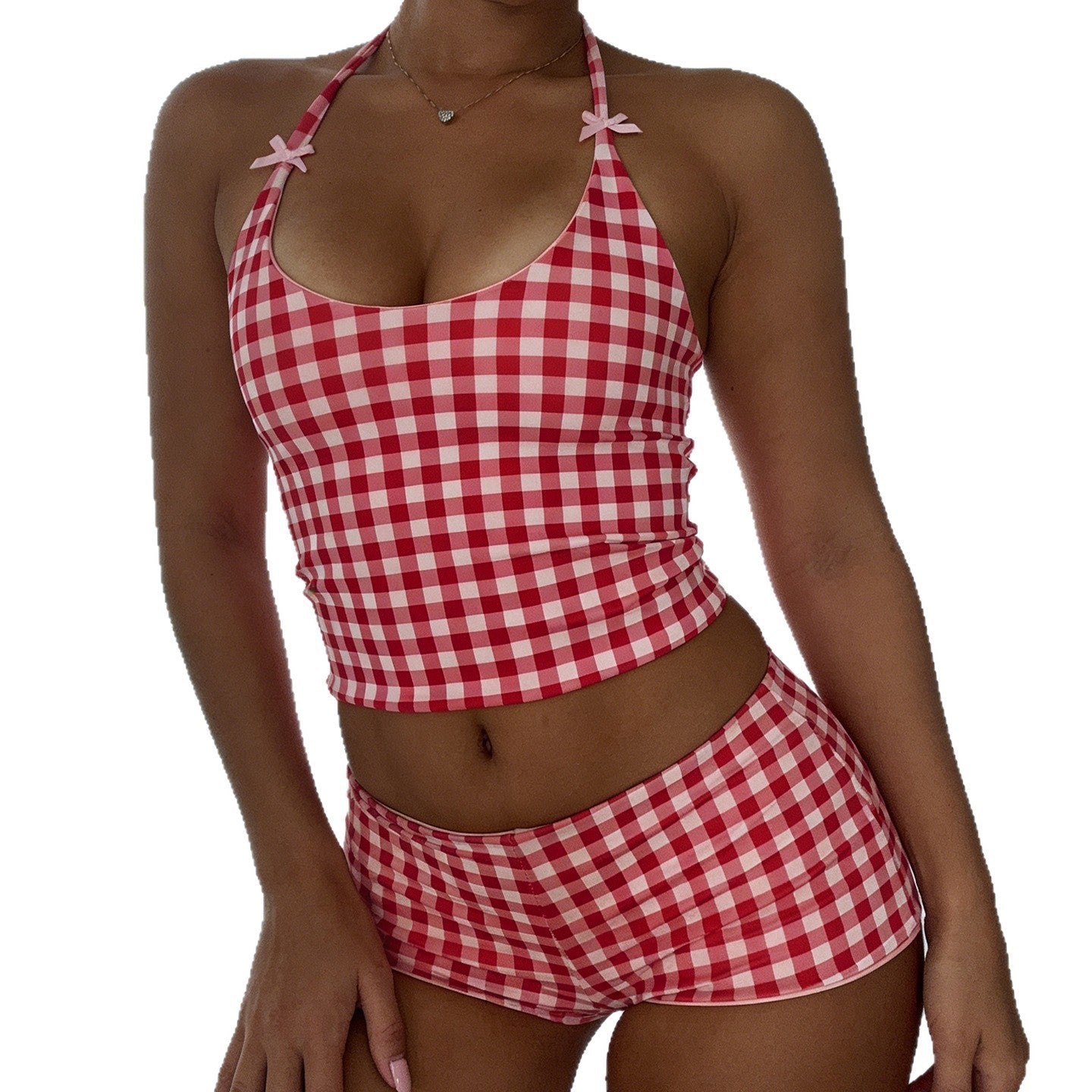 Damen Gingham Muster Badeanzug mit verstellbarem Halter R&B