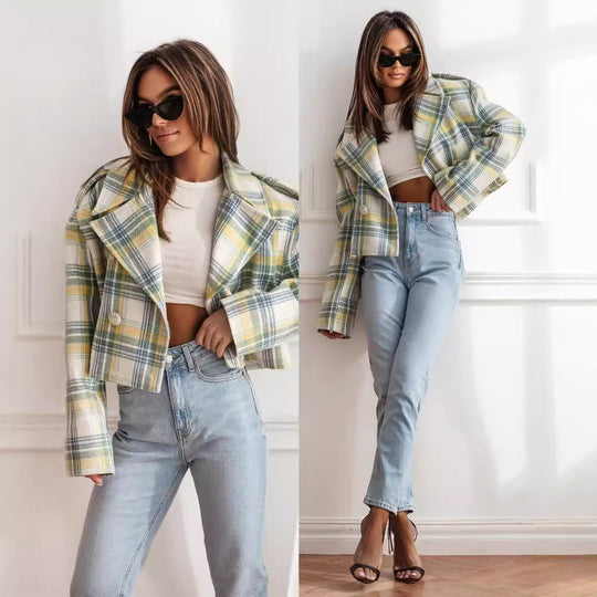 Damen Karierte Cropped Jacke R&B