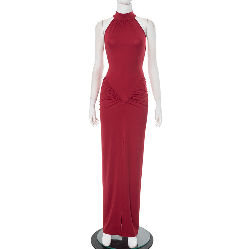 Damen elegantes Maxikleid mit hochgeschlossenem Kragen und raffinierten Raffungselementen R&B