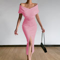 Damen Figurbetontes Abendkleid mit schulterfreiem Design und asymmetrischem Schlitz R&B
