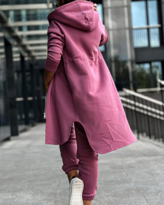 Damen nan lange Sweat-Kapuzenjacke mit Zweiwege-Reißverschluss, Tunnelzug-Taille, Eingrifftaschen und Seitenschlitzen R&B