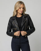 Damen taillenkurze Bikerjacke in Glattlederoptik mit übergroßem Hemdkragen, asymmetrischem Reißverschluss und Reißverschlussmanschetten R&B
