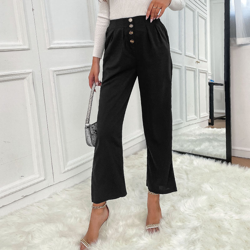 Damen elegante Stoffhose mit hohen Bund und modischen Knopfdetails R&B