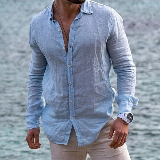 Herren Leinenhemd mit modernem Stehkragen und lässiger Knopfleiste R&B
