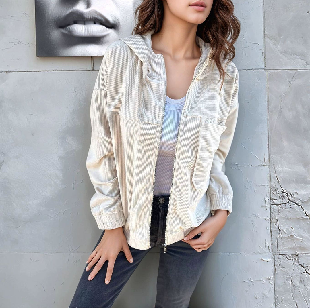 Damen modische Baumwolljacke mit Reißverschluss und praktischen Taschen R&B