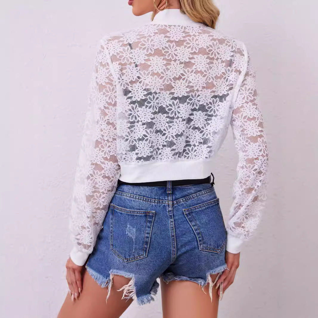 Damen nan florale Spitzen-Bomberjacke mit Reißverschluss und Rippbündchen R&B