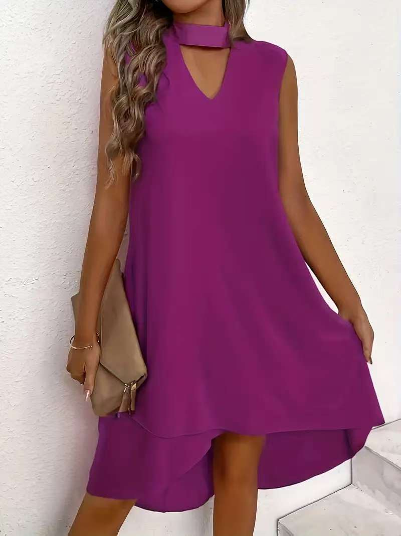 Damen asymmetrisches A-Linien Kleid mit schickem Schlüssellochausschnitt und fließendem Schnitt R&B