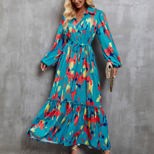 Damen Maxikleid mit farbenfrohem Floral-Design und elegantem Taillengürtel R&B