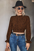 Damen Stehkragen-Blusenshirt mit Volantärmeln und Leopardenmuster R&B