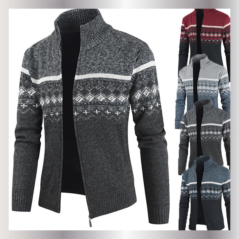 Herren Strickjacke mit geometrischen Mustern und hohem Kragen R&B