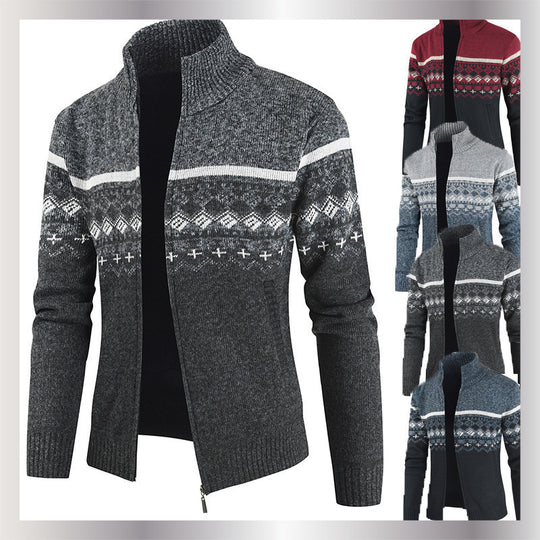 Herren Strickjacke mit geometrischen Mustern und hohem Kragen R&B