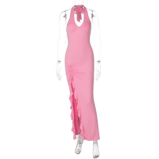 Damen elegantes Maxikleid mit tiefem V-Ausschnitt und seitlichem Schlitz R&B