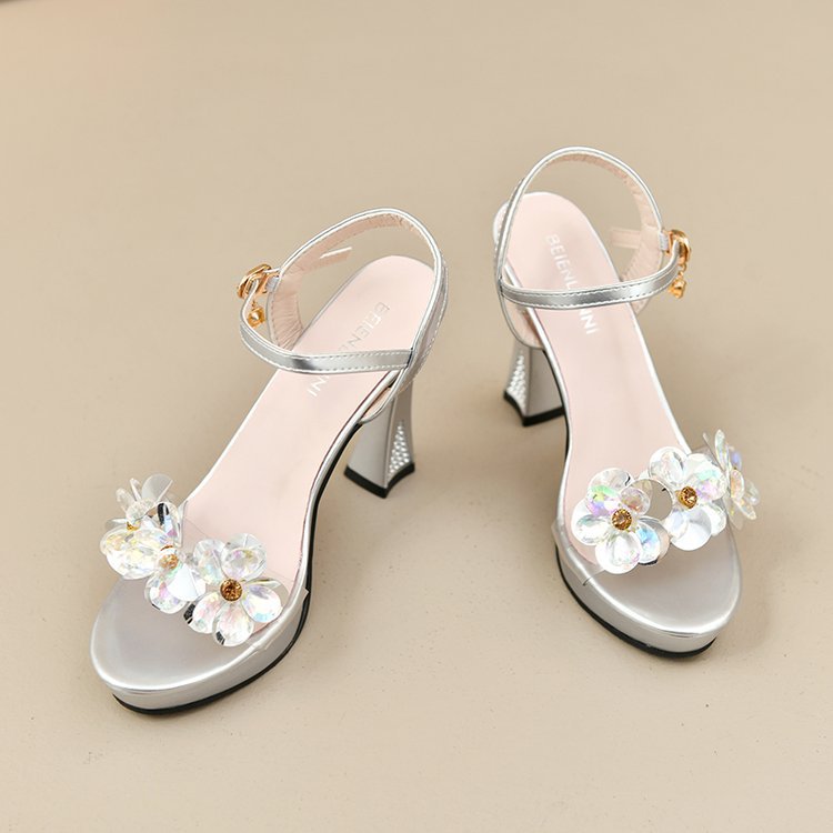 Damen elegante High Heel Sandalen mit blumigen Strassverzierungen R&B