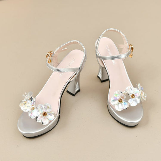 Damen elegante High Heel Sandalen mit blumigen Strassverzierungen R&B