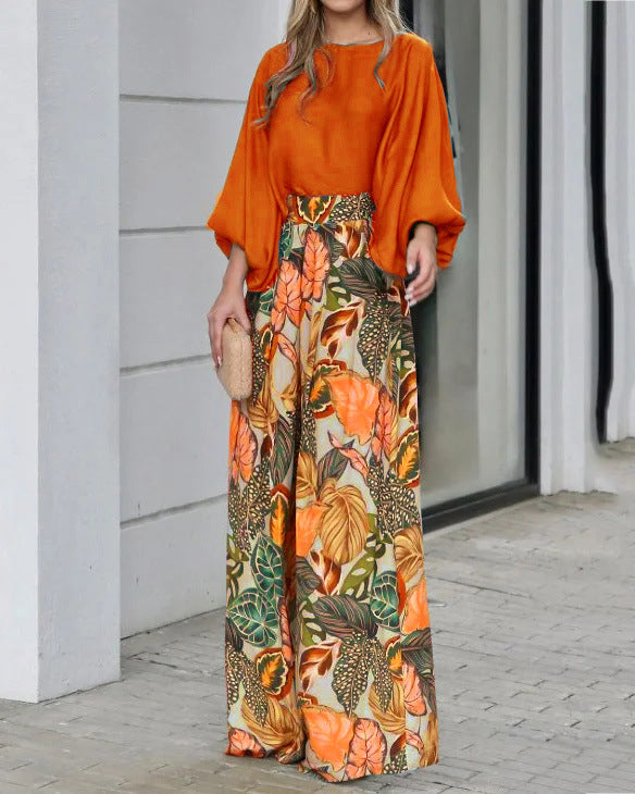 Damen Elegantes Oberteil mit weitem, blumenmusterdefiniertem Hosenensemble R&B
