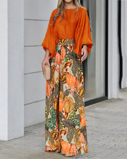 Damen Elegantes Oberteil mit weitem, blumenmusterdefiniertem Hosenensemble R&B