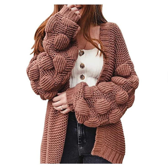 Damen Grobstrick-Cardigan mit voluminösen Puffärmeln und elegantem V-Ausschnitt R&B
