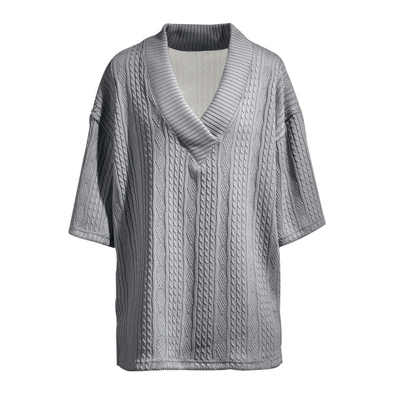 Damen nan weiter Kurzarm-Strickpullover mit Schalkragen und Zopfmuster R&B