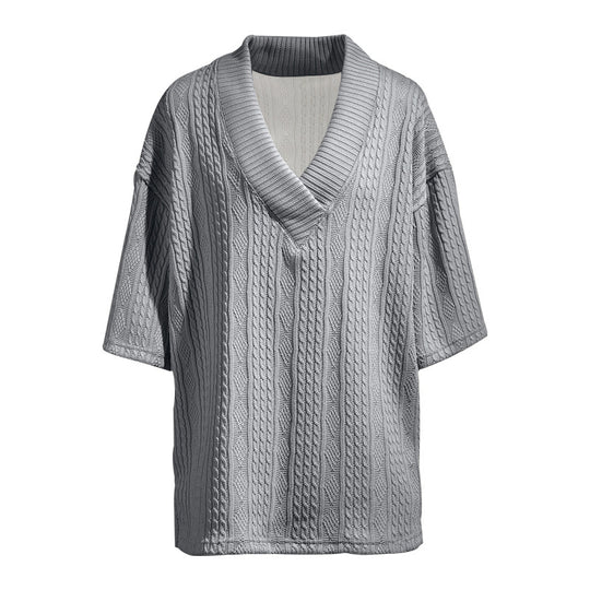 Damen nan weiter Kurzarm-Strickpullover mit Schalkragen und Zopfmuster R&B