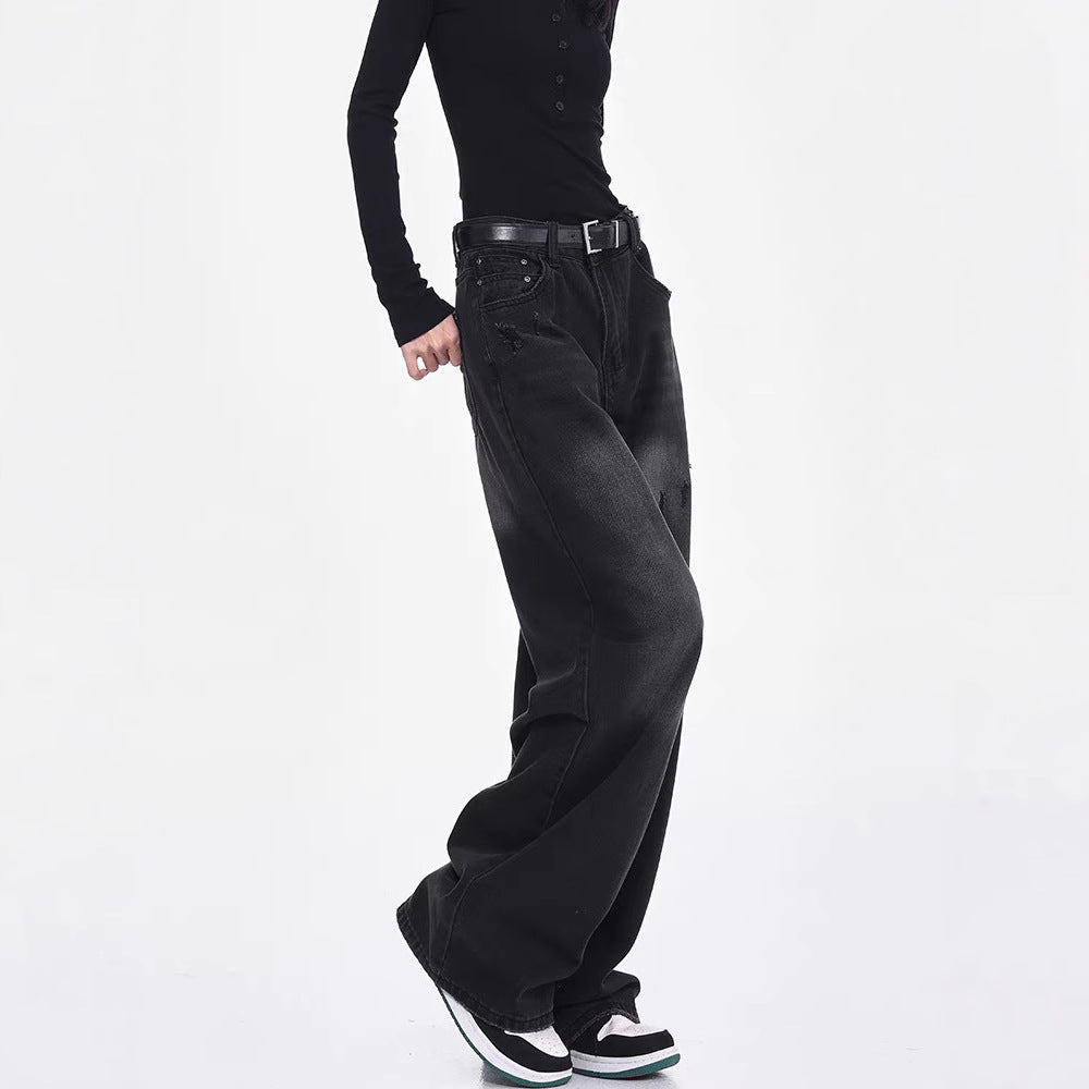 Damen Weite Denim-Hose mit hohem Bund und modischen Rissdetails R&B