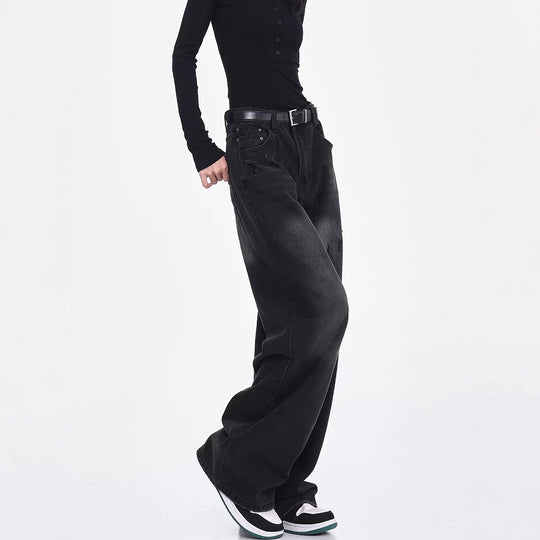 Damen Weite Denim-Hose mit hohem Bund und modischen Rissdetails R&B