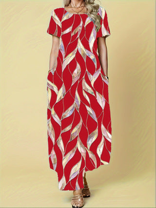 Damen Maxikleid mit lebhaftem Blattmuster und praktischen Taschen R&B