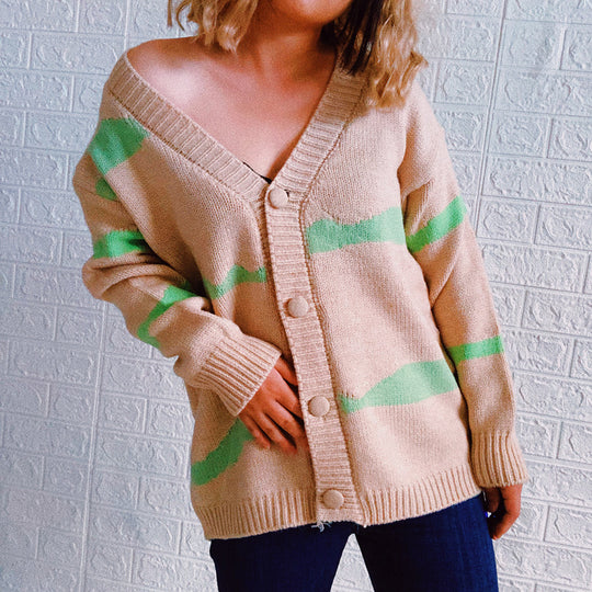 Damen gestreifte Strickjacke mit Knopfverschluss und weitem Schnitt R&B