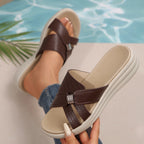 Damen Komfortable Wedge-Pantoletten mit elastischen Riemen und rutschfester Sohle R&B