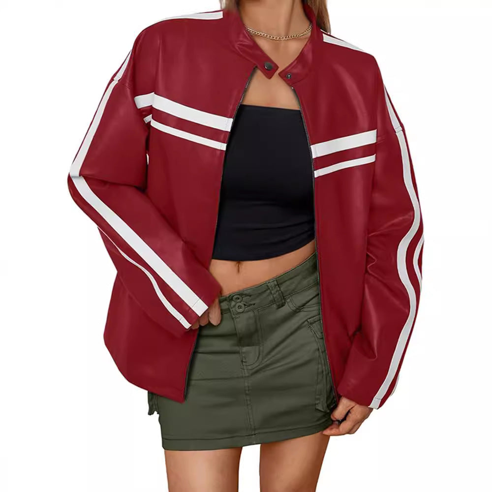 Damen Kunstlederjacke mit sportlichen Streifen R&B