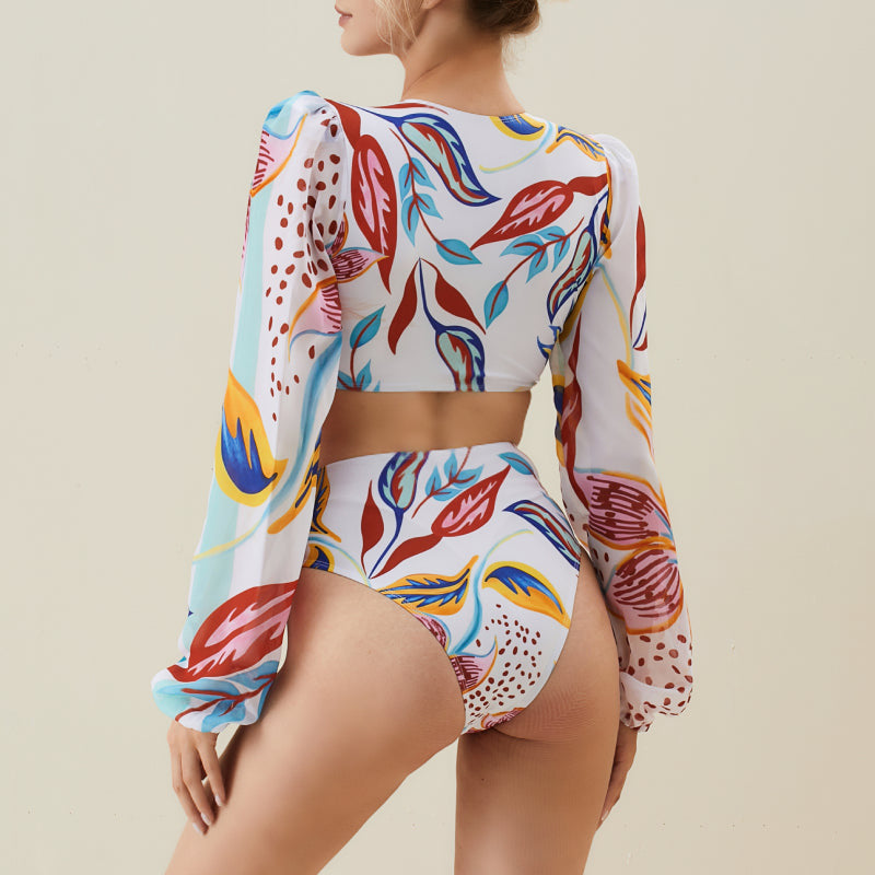Damen Bikiniset mit langärmliger Bluse und trendy Muster R&B