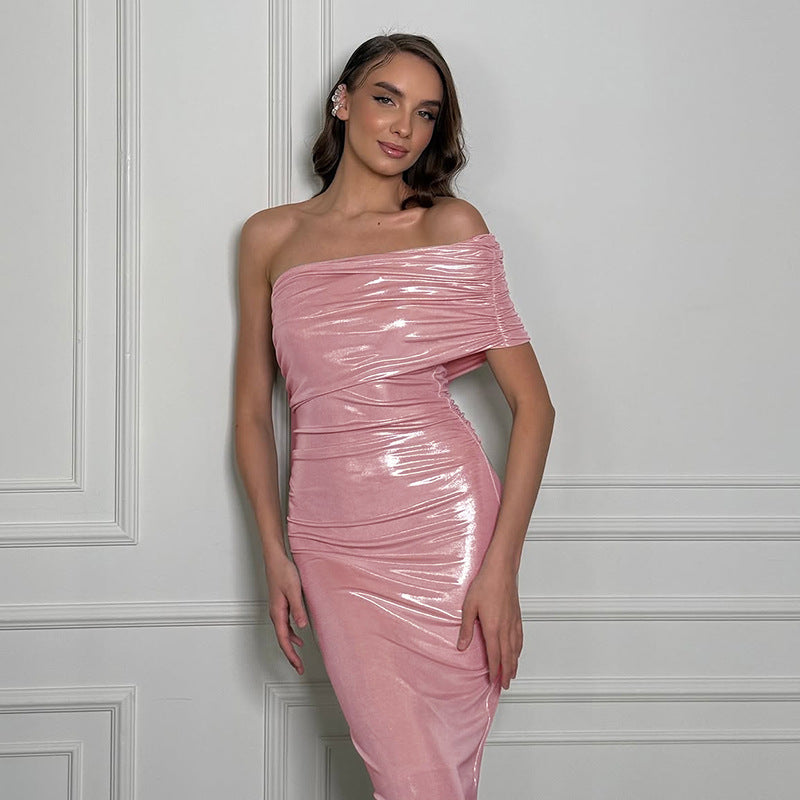 Damen schulterfreies elegantes Wickelkleid mit glänzenden Akzenten R&B