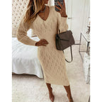 Damen Strickkleid mit halbtransparentem Muster und schickem V-Ausschnitt R&B