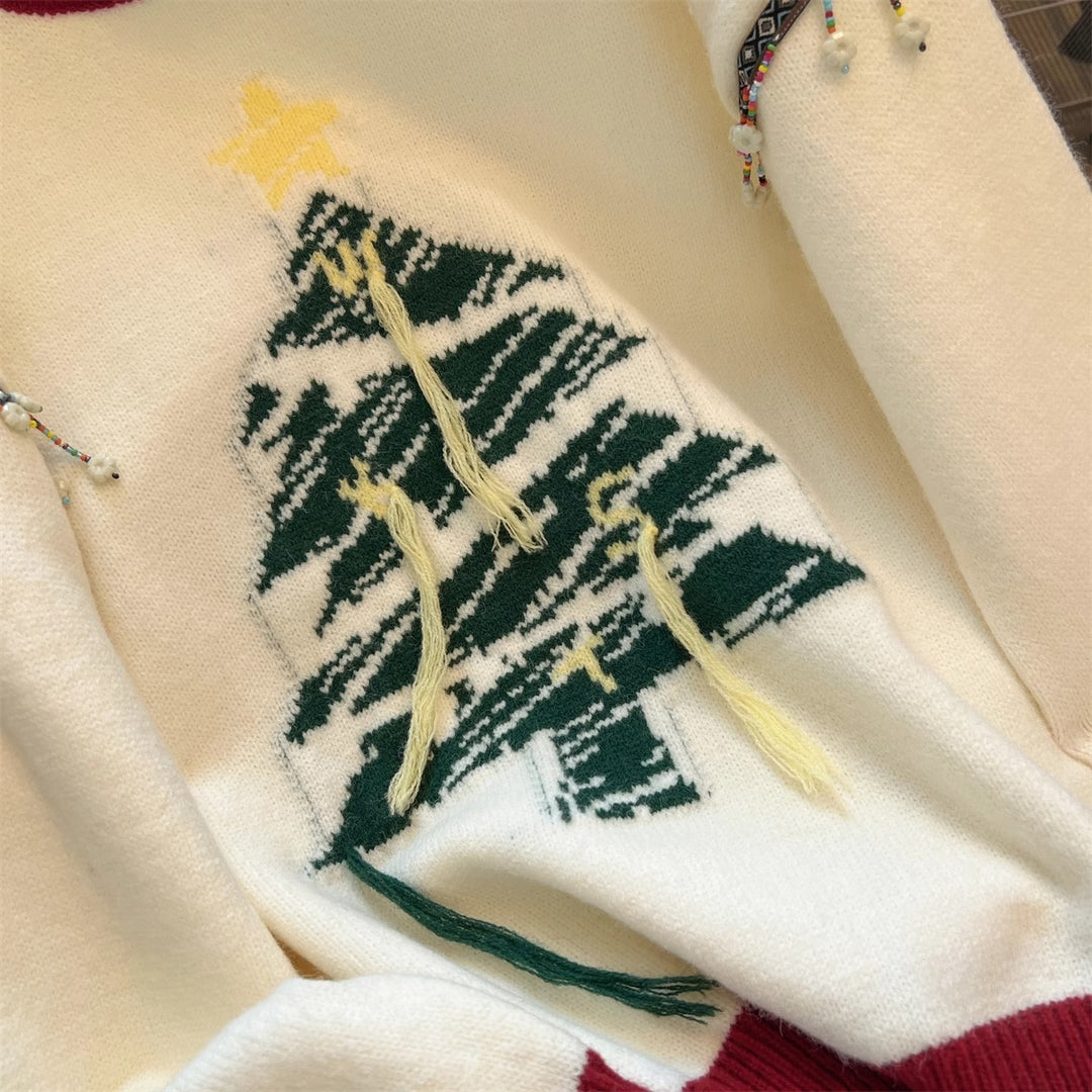 Damen festlicher Strickpullover mit Tannenbaum-Motiv und verspielten Akzenten R&B
