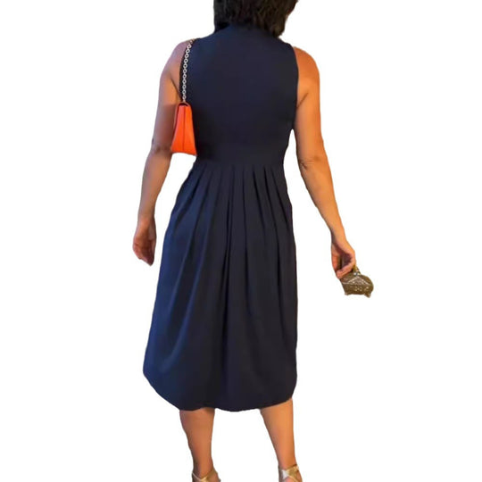 Damen nan ärmelloses V-Ausschnitt-Midikleid mit Unterbrustnaht und schmeichelndem Faltenrock R&B