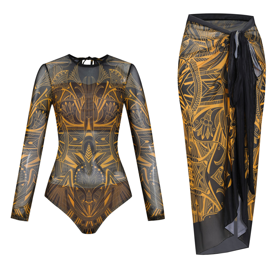 Damen Langarm-Badeanzug mit modernem Grafikdesign R&B