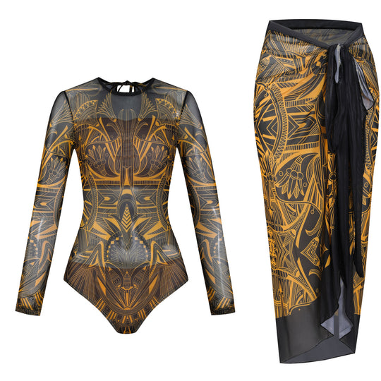 Damen Langarm-Badeanzug mit modernem Grafikdesign R&B