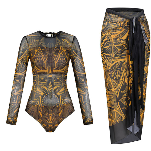 Damen Langarm-Badeanzug mit modernem Grafikdesign R&B