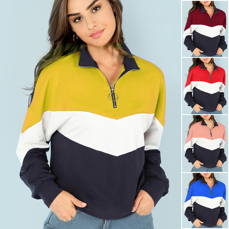 Damen sportlicher Sweatshirt mit hohem Kragen und farblich abgesetztem Design R&B