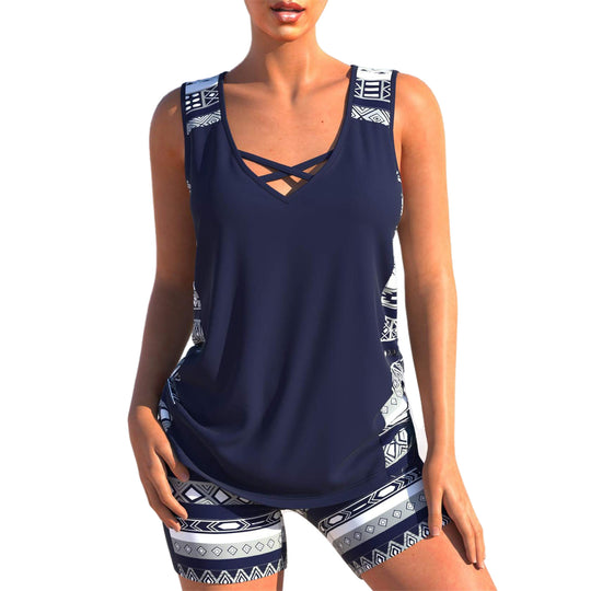 Damen nan sportlicher Tankini-Zweiteiler mit V-Ausschnitt und überkreuzten Brustträgern R&B