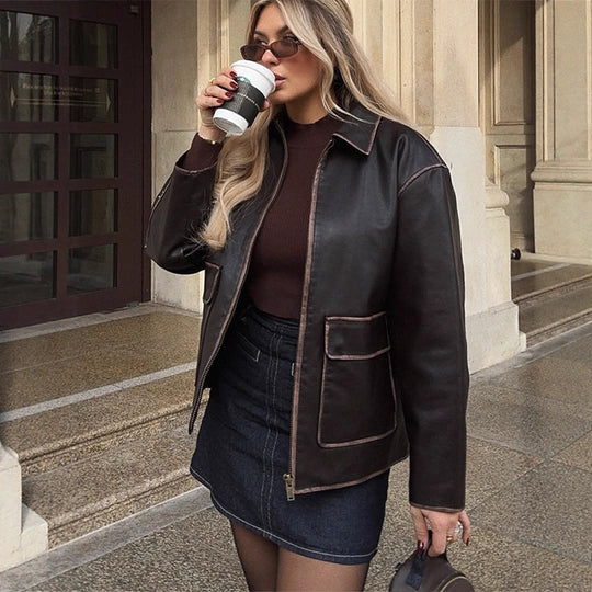 Damen Kunstlederjacke mit klassischen Details R&B