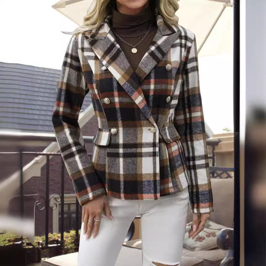 Damen kariertes Zweireiher-Blazerjacke mit eleganten Knopfdetails und maßgeschneidertem Schnitt R&B