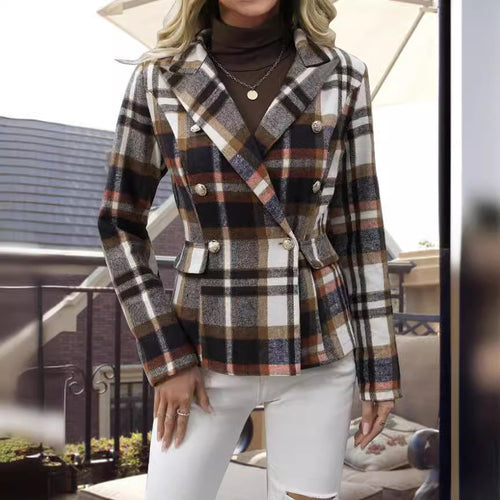 Damen kariertes Zweireiher-Blazerjacke mit eleganten Knopfdetails und maßgeschneidertem Schnitt R&B