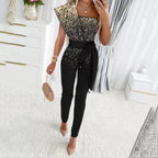 Damen One-Shoulder Jumpsuit mit glitzerndem Oberteil und Taillengürtel R&B