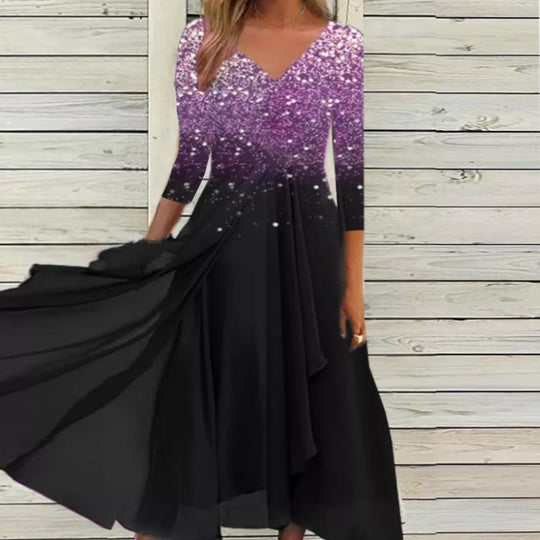 Damen Maxikleid mit funkelndem V-Ausschnitt und schwingendem Saum R&B